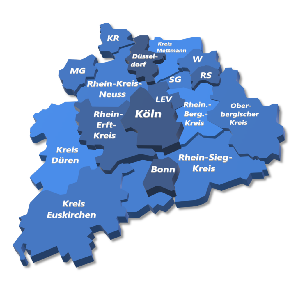 Das Einzugsgebiet des Umzugsunternehmens Wegener Umzugslogistik umfasst mit Köln, Düsseldorf und Bonn einen großen Bereich in Nordrhein-Westfahlen.
