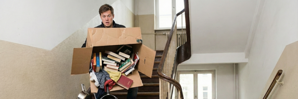 Ein billiger Umzugskarton reißt im Treppenhaus und alles fällt heraus