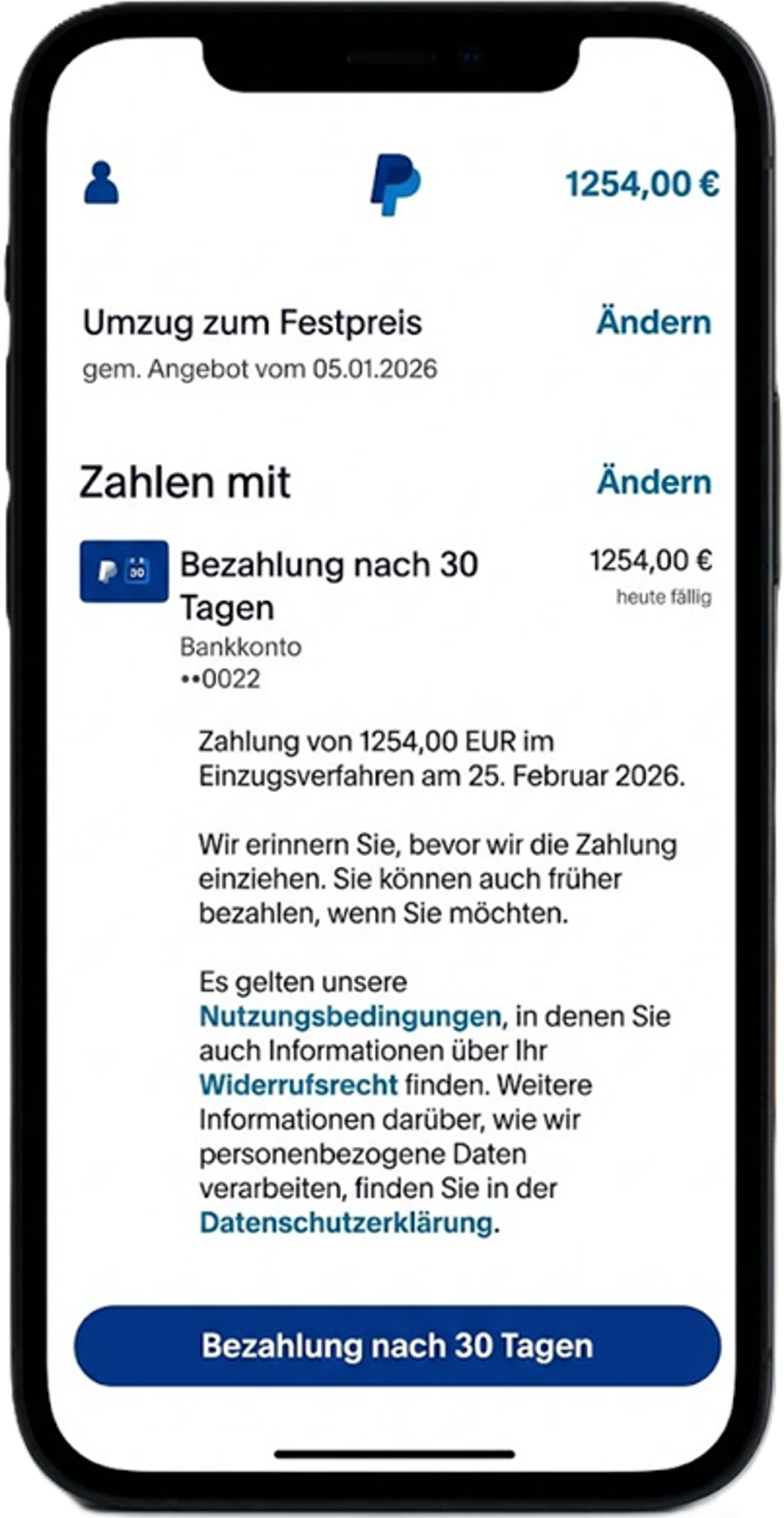 ein Smartphone mit geöffneter PayPal App und der Funktion bezahlen nach 30 Tagen