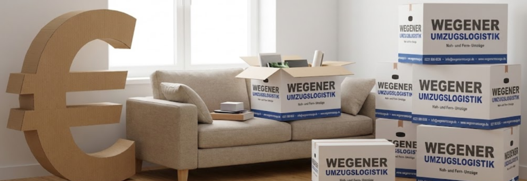 Großes Euro-Zeichen aus Pappe zwischen weißen Wegener Umzugskartons in einer hellen Wohnung, symbolisch für Umzugskosten.