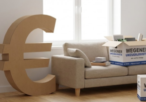 Großes Euro-Zeichen aus Pappe zwischen weißen Wegener Umzugskartons in einer hellen Wohnung, symbolisch für Umzugskosten.
