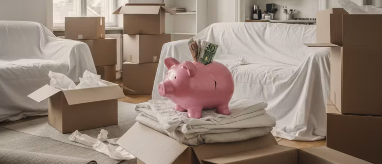 Ein rosa Sparschwein, gefüllt mit Euro-Geldscheinen, steht auf einem offenen Umzugskarton in einem hellen Wohnzimmer, das voller weiterer Umzugskisten und teilweise abgedeckter Möbel ist. Das Bild symbolisiert das Thema Umzugskosten und Sparen.
