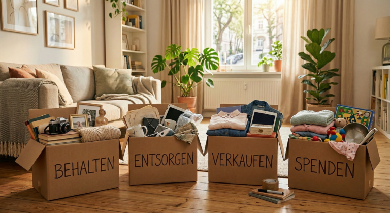 Eine Wohnung vor dem Umzug mit vier Kartons, beschriftet mit "behalten","entsorgen", "verkaufen" und "spenden".