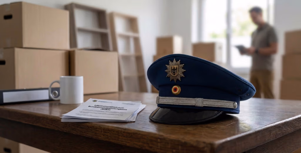 Nahaufnahme einer blauen deutschen Polizeidienstmütze mit Bundesadler auf einem Holztisch. Im Hintergrund gestapelte Umzugskartons. Sinnbildlich für Umzüge von Beamten nach dem Bundesumzugskostengesetz BUKG