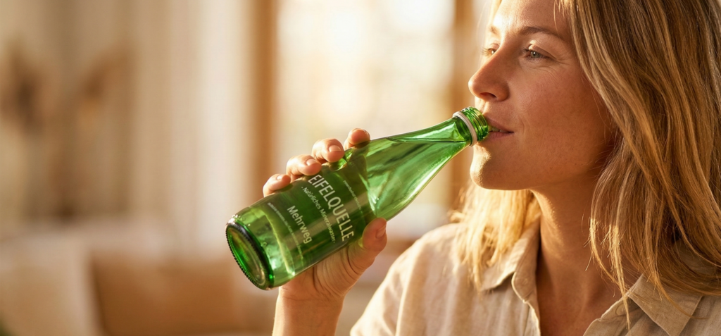 Eine Frau macht eine Pause während des Umzugs und trinkt Wasser aus einer Glasflasche. Sie trägt ein bequemes graues T-Shirt.