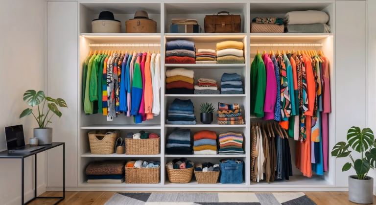 Ein ordentlicher Kleiderschrank nach dem Ausmisten bereit für den Umzug.