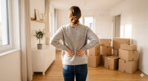 Eine Frau hält sich den schmerzenden Rücken, nachdem Sie sich beim Umzug verhoben hat.