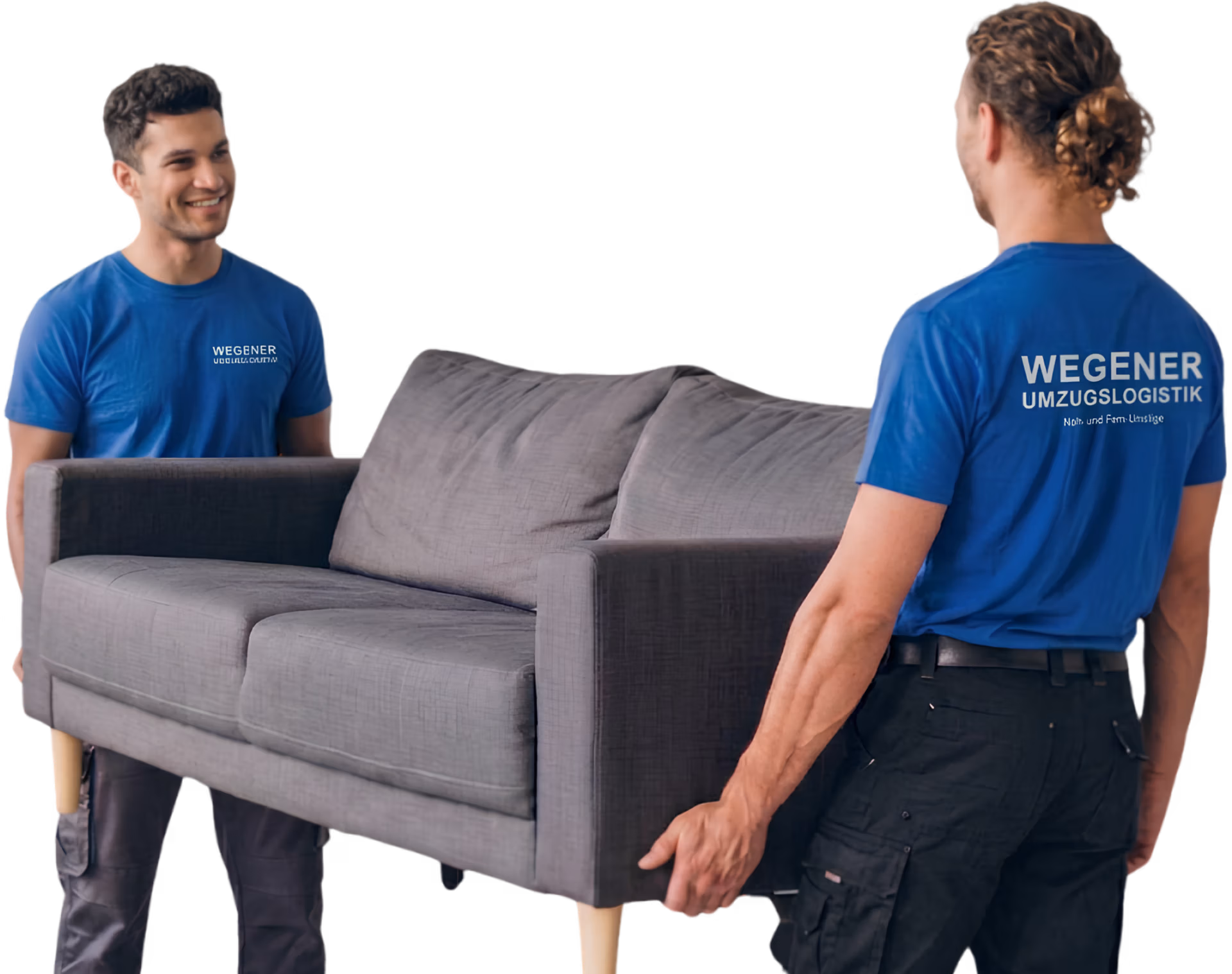Mitarbeiter der Firma Wegener Umzugslogistik tragen ein Sofa bei einem Privatumzug