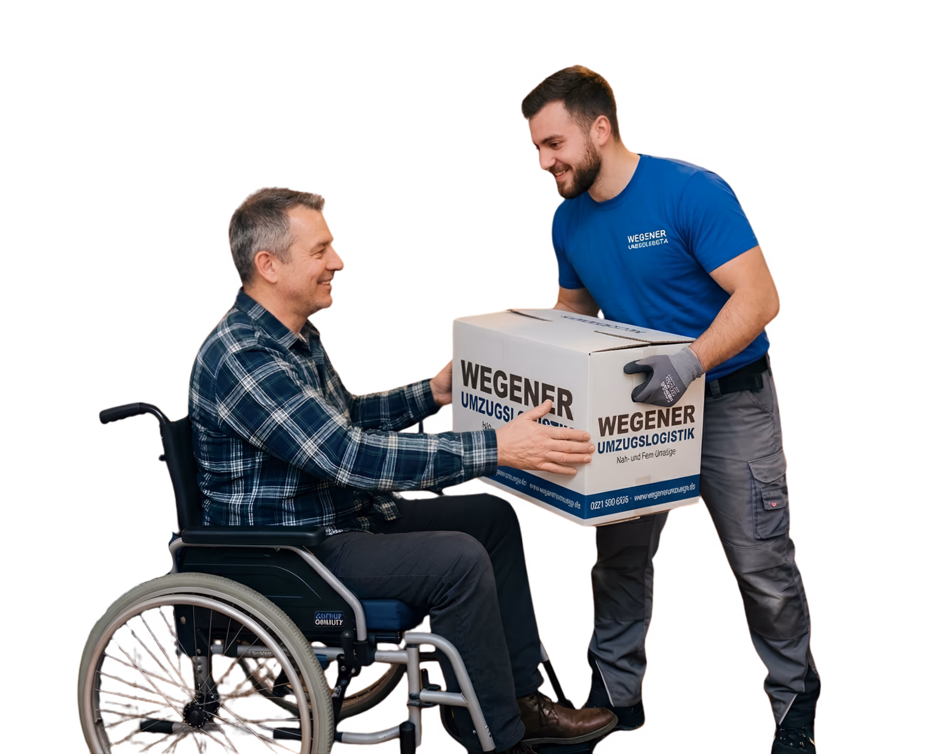 Ein Umzugshelfer der Firma Wegener Umzugslogistik hilft einem Rollstuhlfahrer beim Umzug